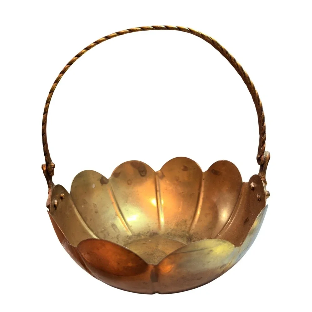 Vintage Brass Scalloped Basket With Twisted Handle Approx. 8
